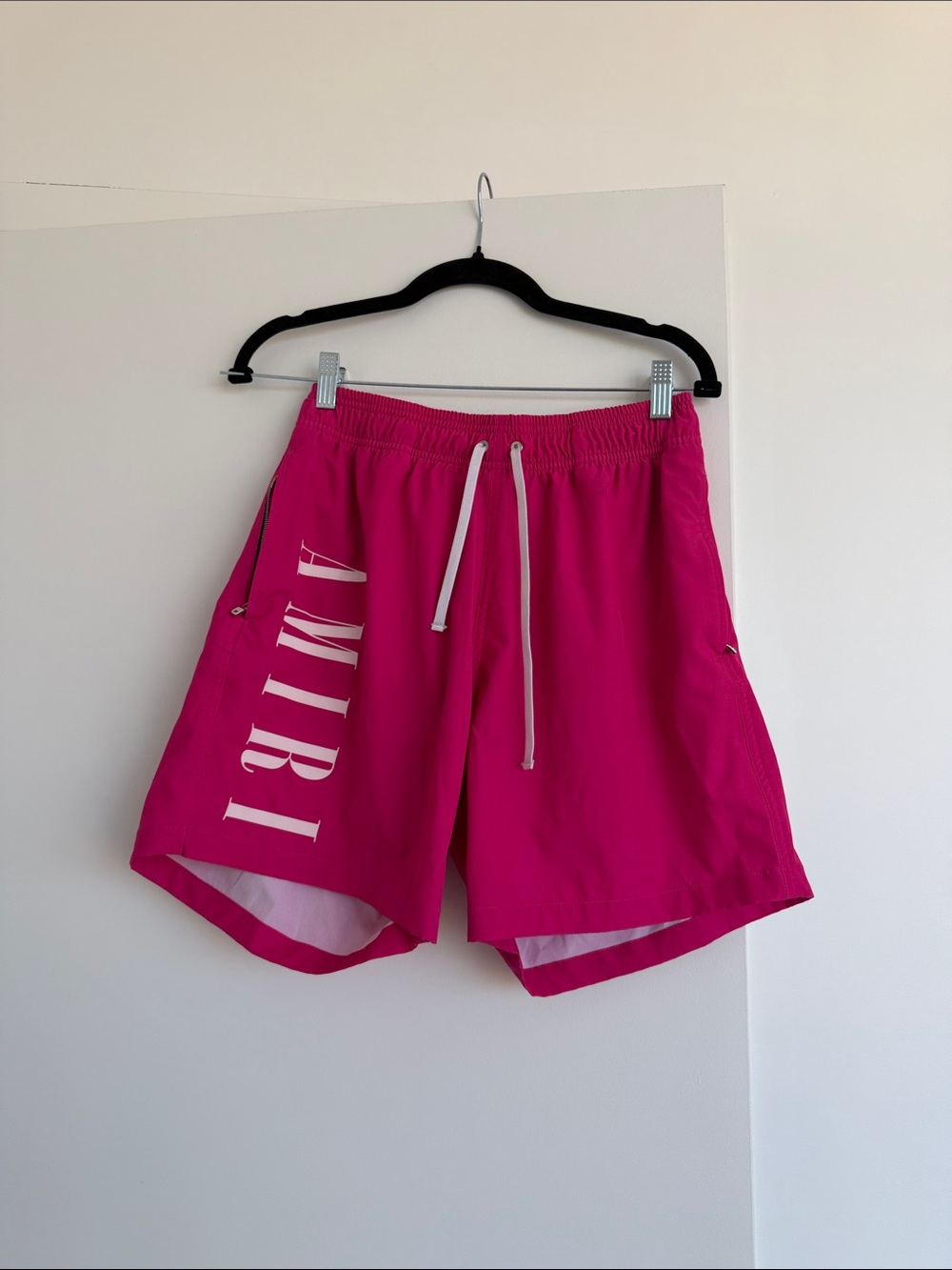 AMIRI Men’s Hot Pink Athletic Swim Shorts with White Drawstring